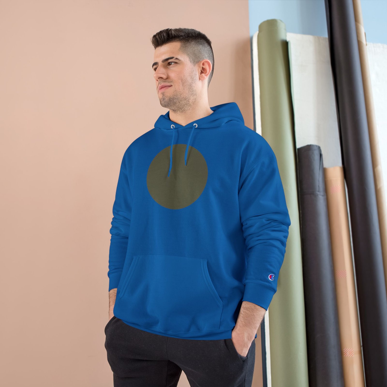 Minimal Circle Champion Hoodie — Olive Dot Graphic Pullover - Image 4