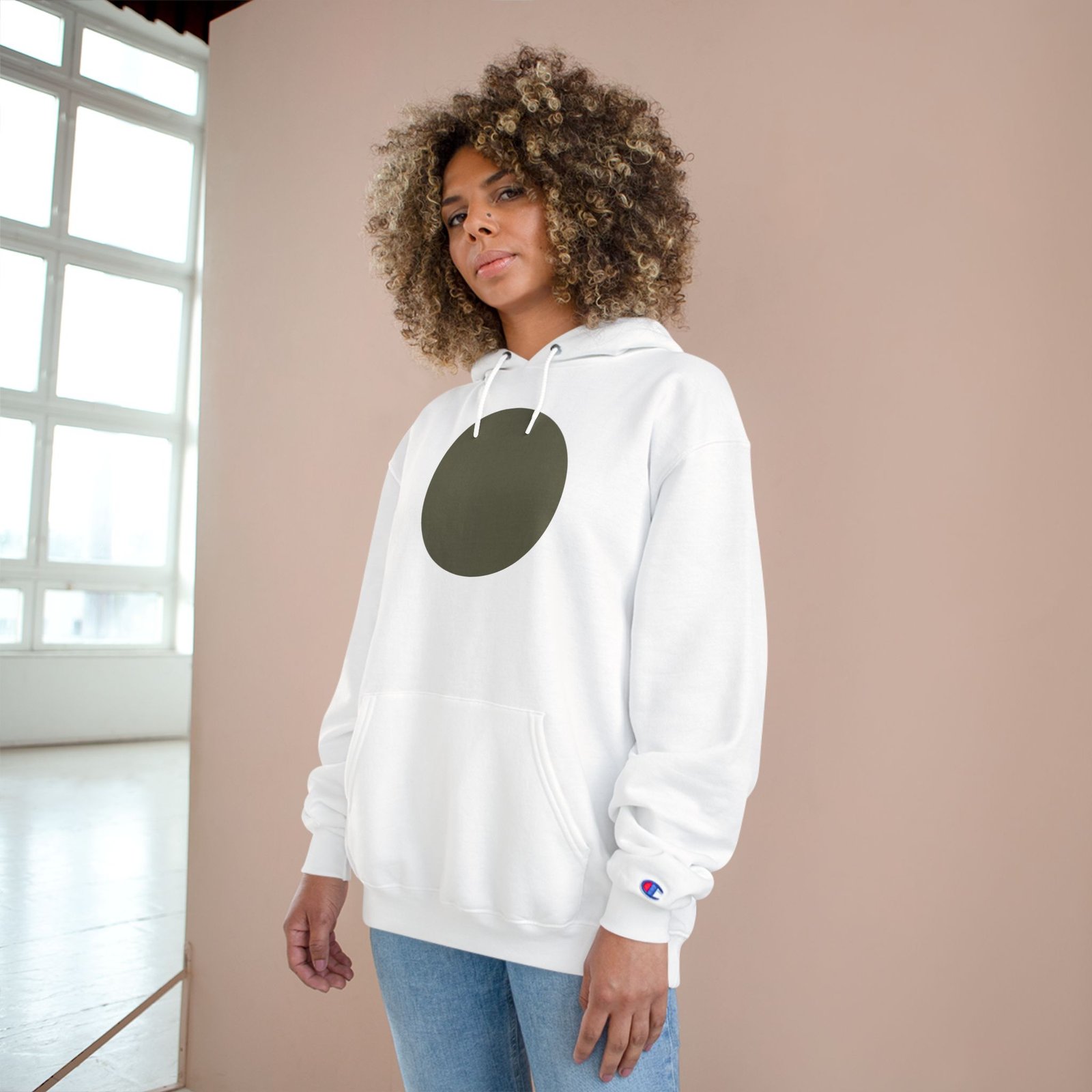 Minimal Circle Champion Hoodie — Olive Dot Graphic Pullover - Image 2